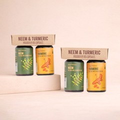 Neem and Turmeric powder in veg capsules. Combo pack. 60 capsules each.