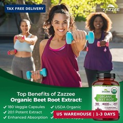 Zazzee USDA Organic Beet Root 20:1 Extract, 180 Quick Release Capsules | 6 Month