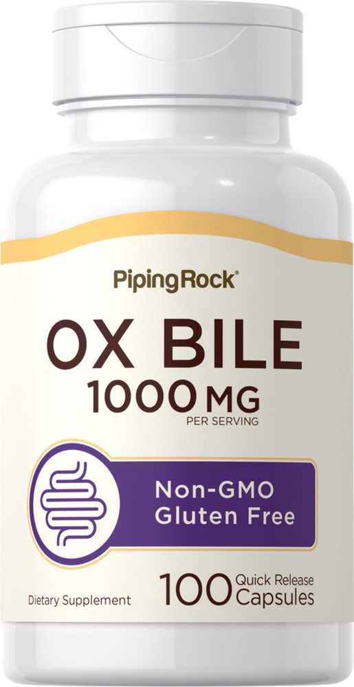 Ox Bile Supplement 1000mg | 100 Capsules | Non-GMO, Gluten Free | By Piping Rock