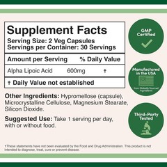 Alpha Lipoic Acid 600mg per Serving, 60 Capsules (Third Party Tested, Non-GMO, G