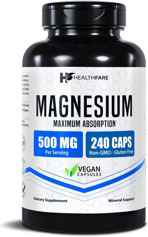 HealthFare Magnesium 500mg | 240 Vegan Capsules | Extra Strength Essential