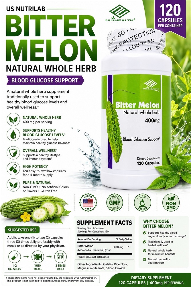 Nu-Health Bitter Melon 400mg 120 Capsules Natural Whole Herb – USA Made