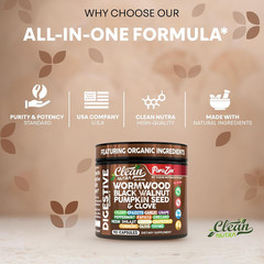 Clean Nutra Wormwood Black Walnut Pumpkin Seed Clove Oil Celery Garlic Grape Pap