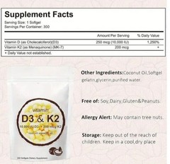 Vitamin D3 10,000IU Vitamin K2 200mcg MK-7 Meenaquinanone 200mcg Coconut Oil