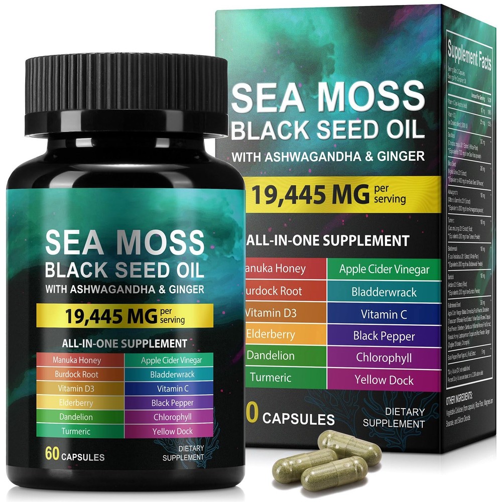 Sea Moss Black Seed Oil Ashwagandha Ginger, 60 Count (Pack of 1)