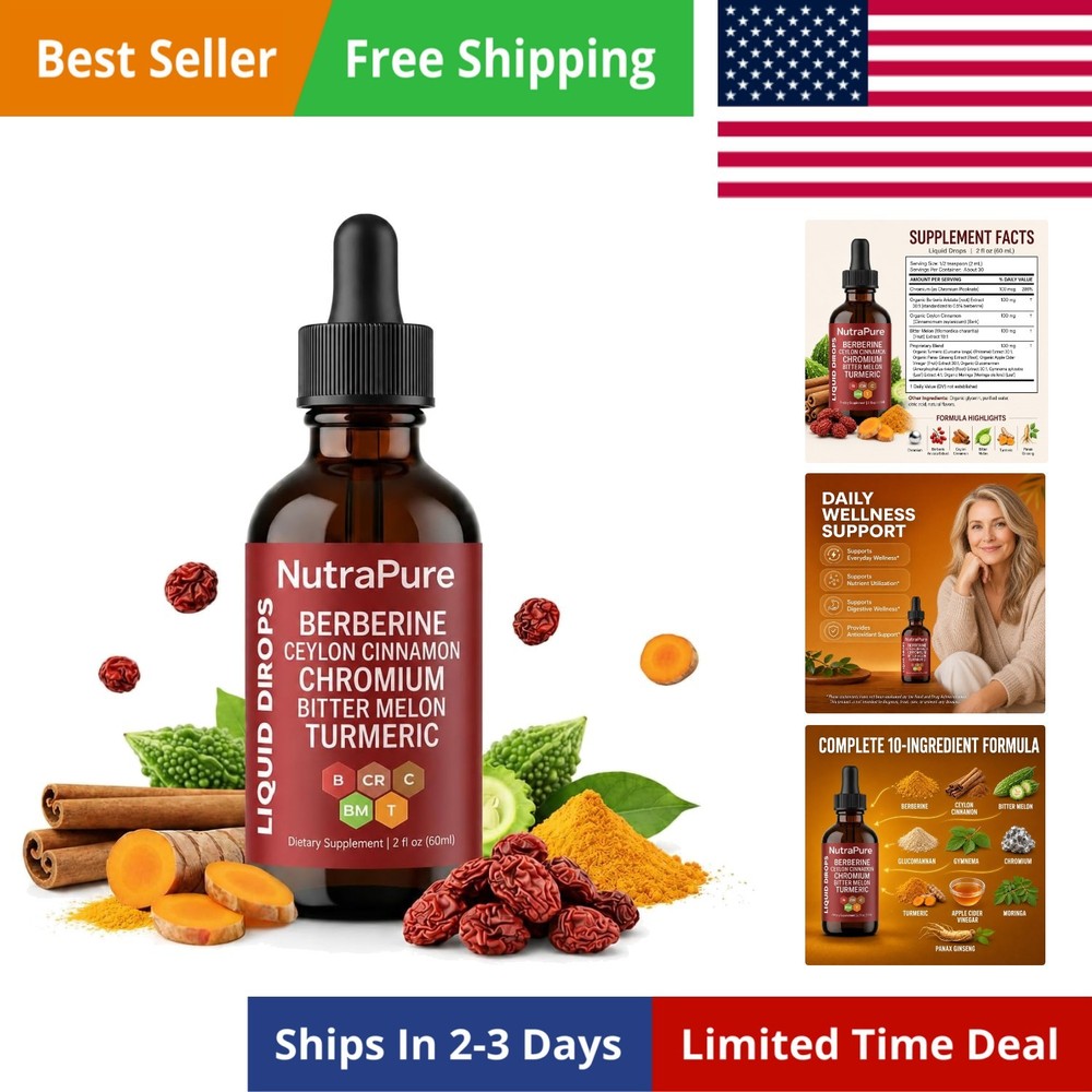 NutraPure Berberine Drops, Pure Berberine Drops with Ceylon Cinnamon, Chromiu…