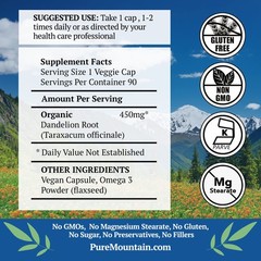 Pure Mountain Dandelion Root Capsules – 450mg Organic Kosher Vegan Supplement