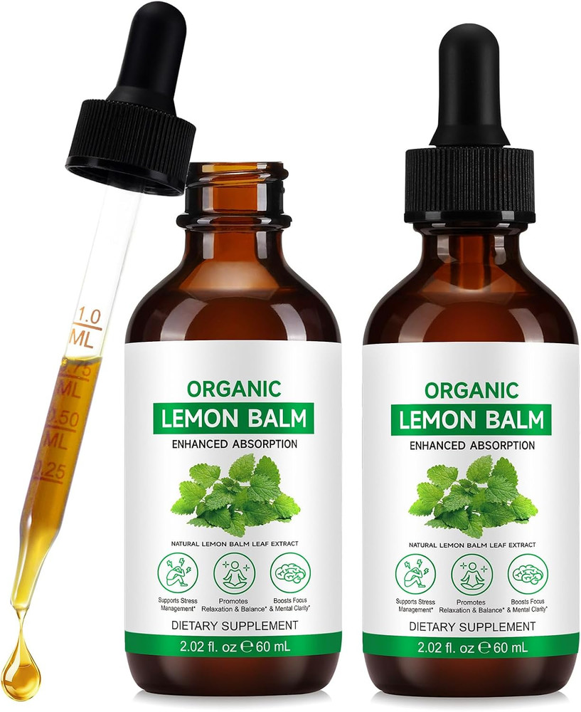 2 Packs Organic Lemon Balm Extract Drops, Natural Alcohol-Free Tincture Liquid f