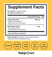 Organic Maca Root Powder Capsules – Black, Red & Yellow – 120 ct, 1500 mg, Vegan