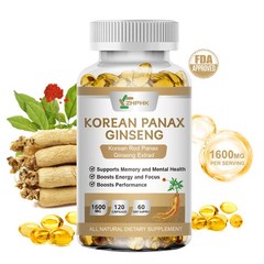 Organic Extra Strength Red Korean Panax Ginseng Capsules,1600mg Energy Focus