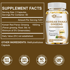 Korean Red Panax Ginseng – 120 Capsules – Extra Strength 1600mg Highest Potency