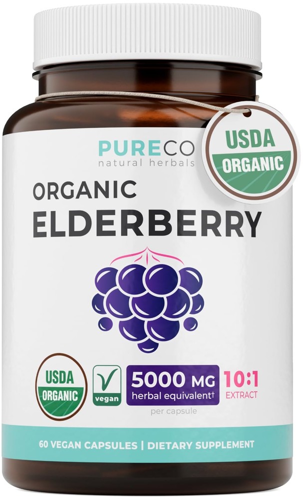 PURE CO USDA Organic Elderberry Capsules – 500mg 101 Sambucus Black Elderberry