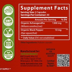 Organic Ashwagandha Capsules 1300mg w/ Black Pepper Root Powder by NutraMission