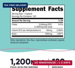 Nutricost Folic Acid for Women (Vitamin B9) 1200 mcg, 120 Capsules, with B12 and