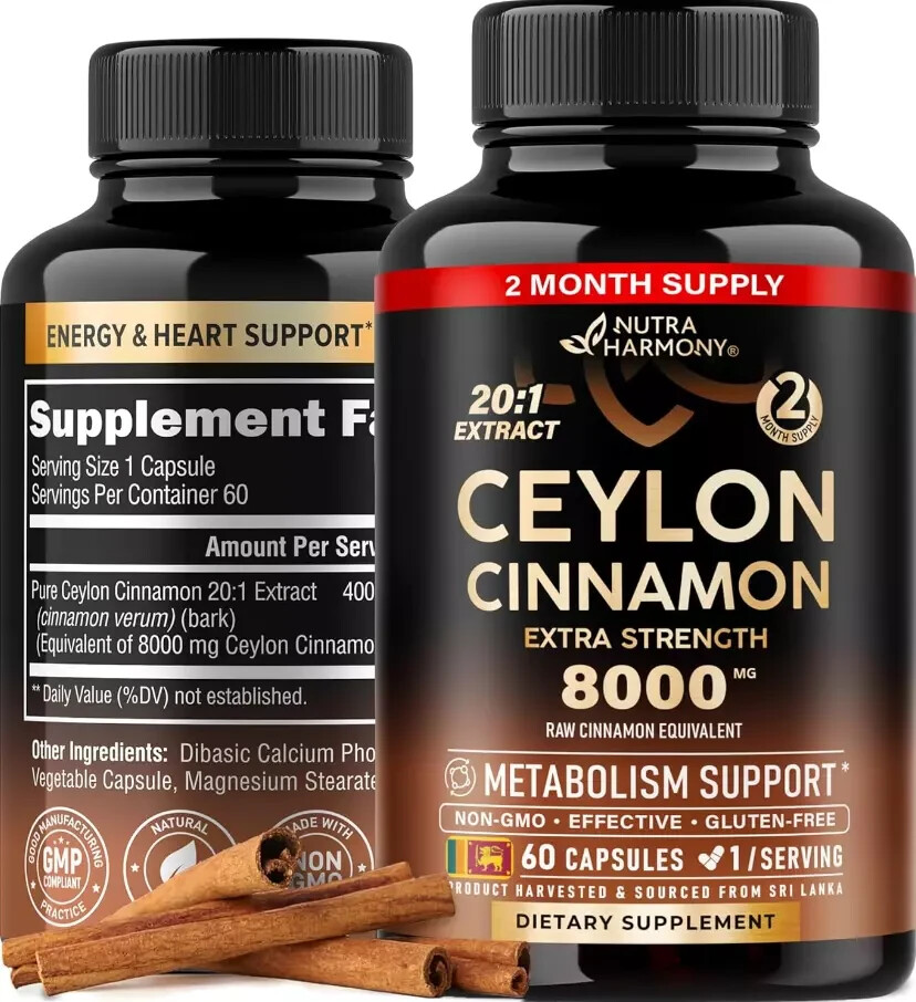 Ceylon Cinnamon Capsules – 8000 mg, Extra Strength – Made in USA – Energy, Heart