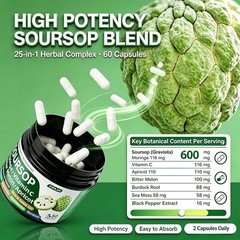 Soursop Graviola 25-in-1 Capsules Moringa Sea Moss Vitamin C 60 Ct