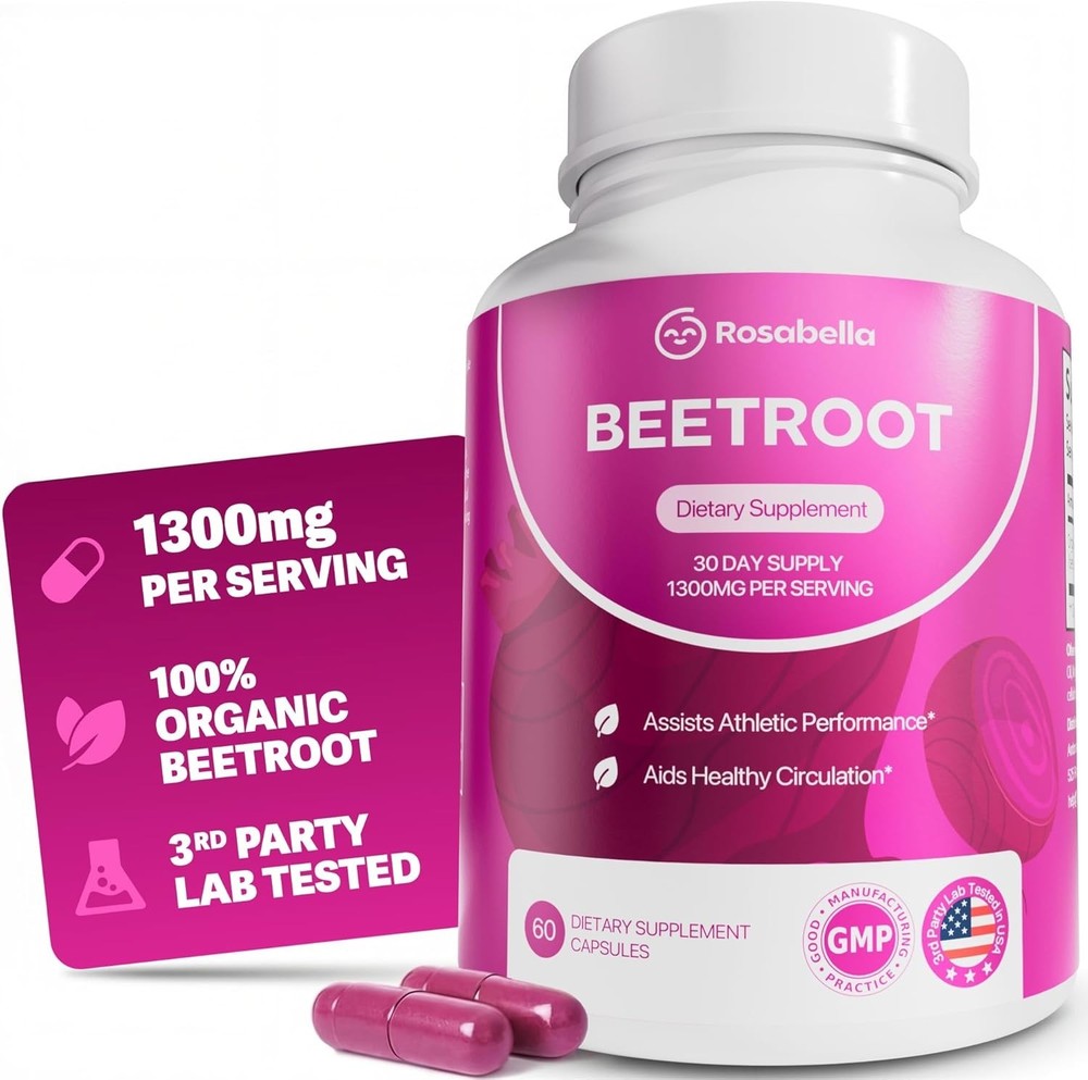 60ct Rosabella Organic Beetroot 1300mg Capsules Circulation And Blood Pressure