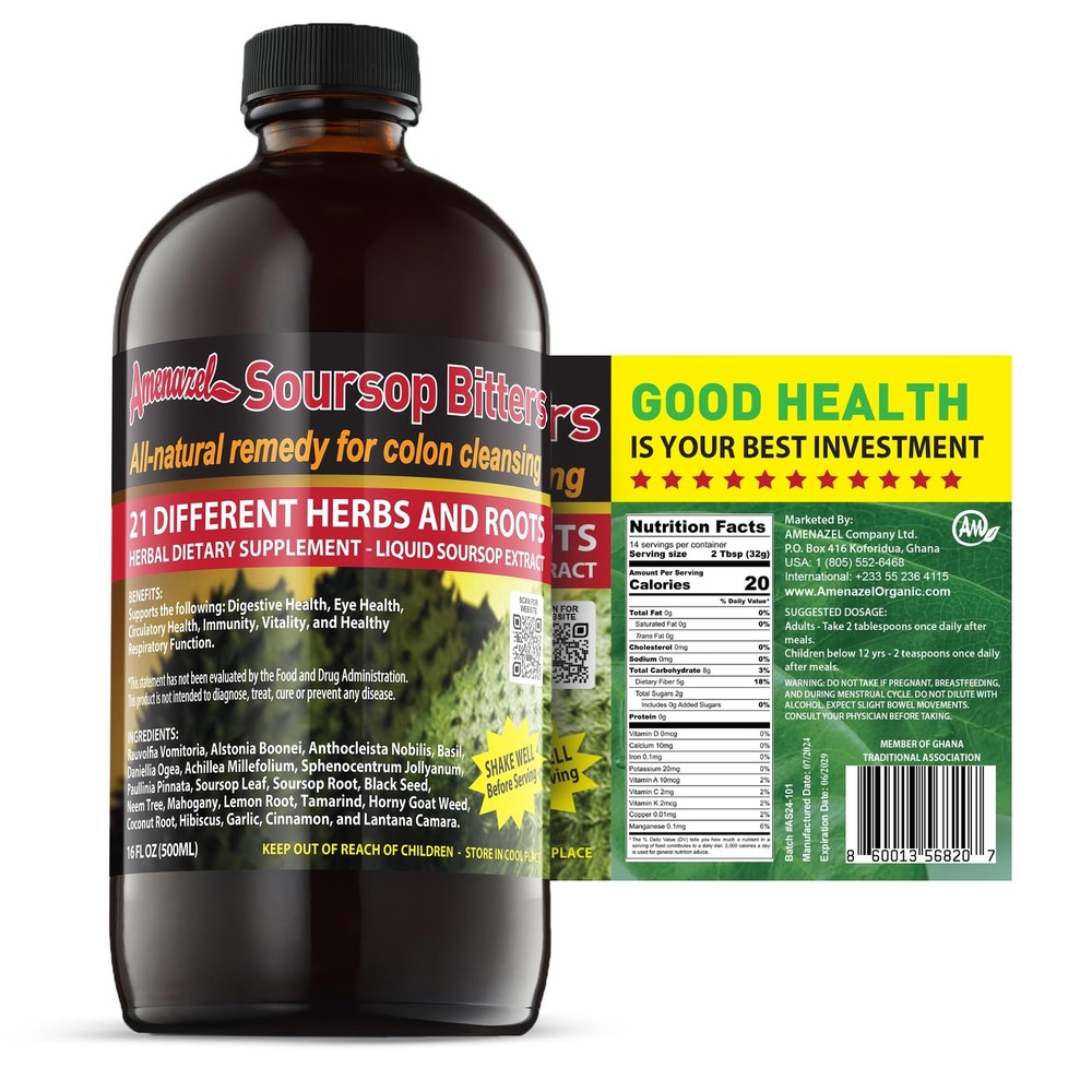 Amenazel Organic Soursop Bitters, 16 fl oz 16 Ounce (Pack of 1), Clear