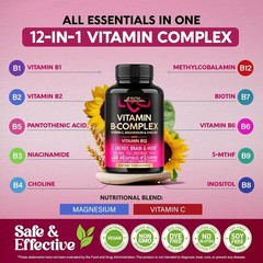 Vitamin B Complex for Men & Women – Riboflavin B2, B12, B1, B3, B5, B6, B7, B8,