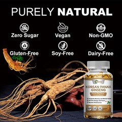 Organic Extra Strength Red Korean Panax Ginseng Capsules,1600mg Energy Focus
