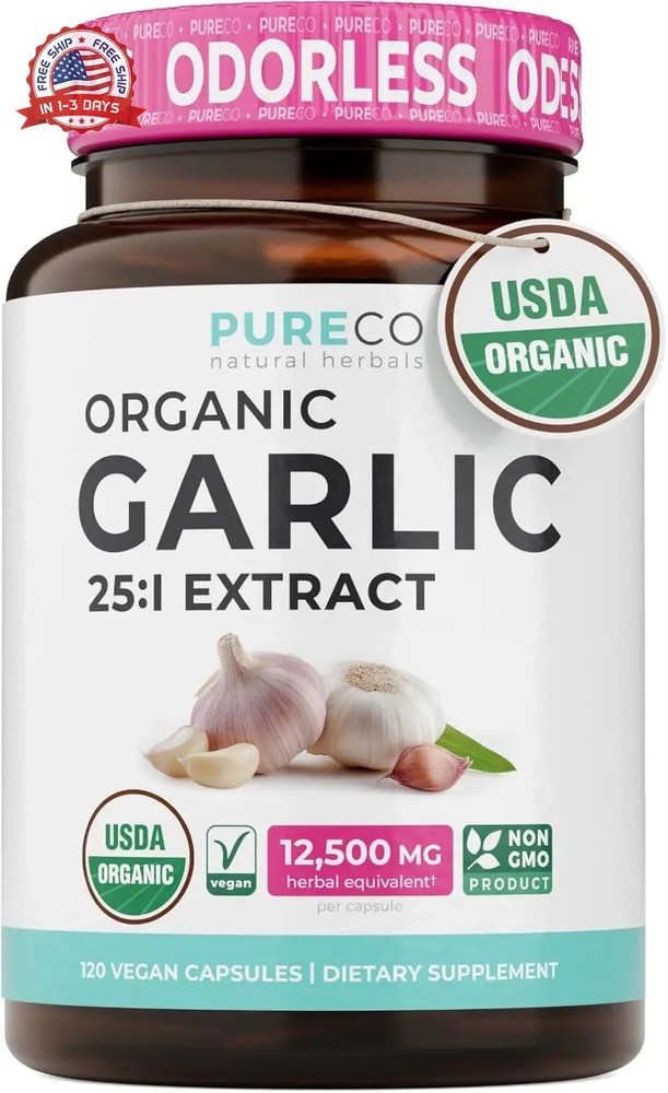 PURE CO USDA Organic Garlic Supplement – High Potency 25:1 Garlic Extract with 1