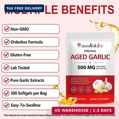 Odorless Aged Garlic Supplement – 500mg per Serving, 300 Softgels – Non-GMO