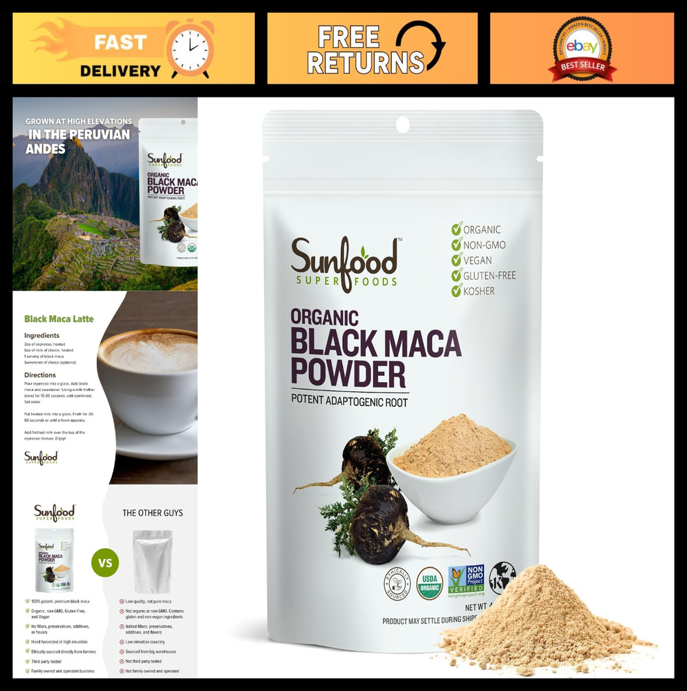 Organic Black Maca Powder – Raw Peruvian Superfood for Men & Women, 4 oz Bag