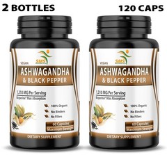 Ashwagandha Capsules 1310mg Serving W/Black Pepper Root Powder Organic 120 Caps