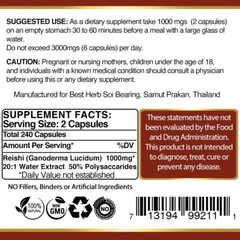240 ORGANIC CAPSULES REISHI 20:1 EXTRACT MUSHROOM GANODERMA IMMUNE SYSTEM BOOST