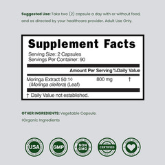 Organic Moringa Capsules 180 Count Pure Leaf Powder Supplement for Energy Skin