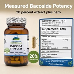 Pure Mountain Bacopa Monnieri Capsules – Organic Bacopa & Extract 20% Bacosides