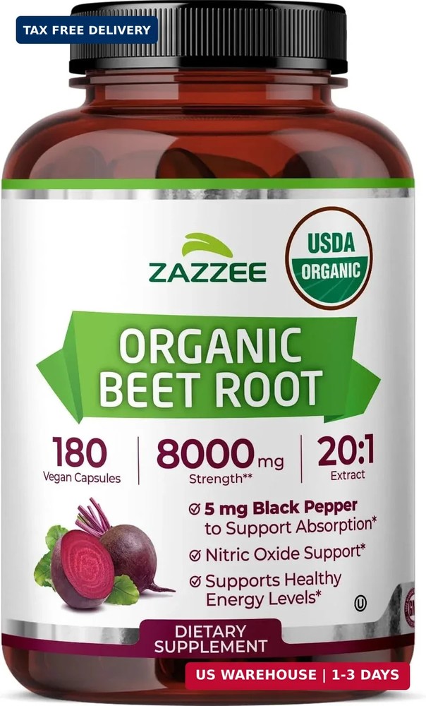 Zazzee USDA Organic Beet Root 20:1 Extract, 180 Quick Release Capsules | 6 Month