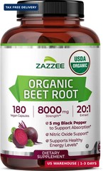 Zazzee USDA Organic Beet Root 20:1 Extract, 180 Quick Release Capsules | 6 Month