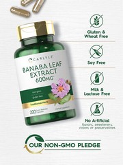 Banaba Leaf Extract 600mg | 200 Capsules | Non-GMO, Gluten Free | by Carlyle