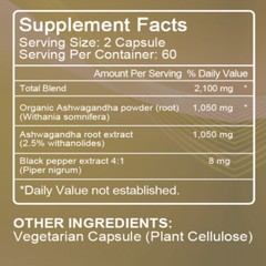 Organic Ashwagandha Capsules 2100 MG with Black Pepper Root Powder 120 Capsules