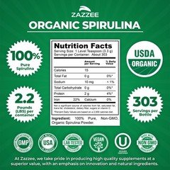 Zazzee USDA Organic Spirulina Powder, 2.2 Pounds (1 KG), 303 Servings, Kosher