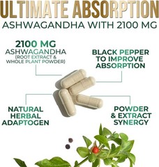 Organic Ashwagandha 2100mg Capsules w/ Black Pepper Root Supplement