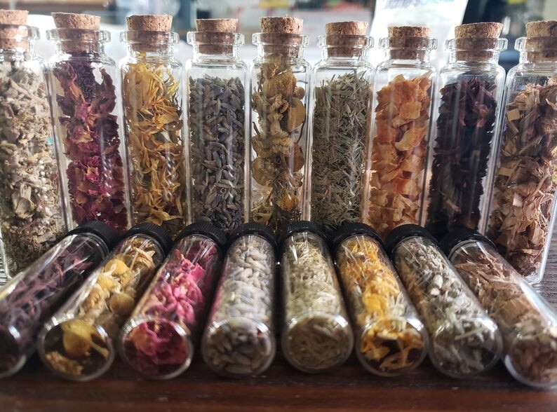 Wiccan Spell Crafting Dried Flower Botanical Herb Potion U CHOOSE Glass Bottle