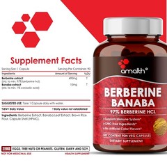 Berberine HCl + Banaba Extract 500mg 90 Capsules High Potency Blood Sugar Amalth