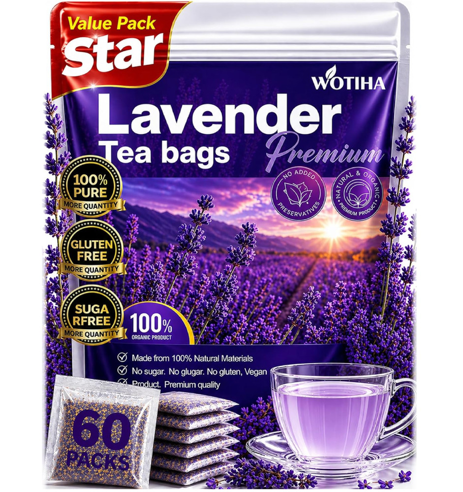 WOTIHA 60 Count Premium Lavender Flower Tea Bags – 100% Natural Herbal Tea, Targ