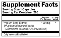 Pygeum 100mg Ultra Standardized Extract (12% phytosterols) 200 caps