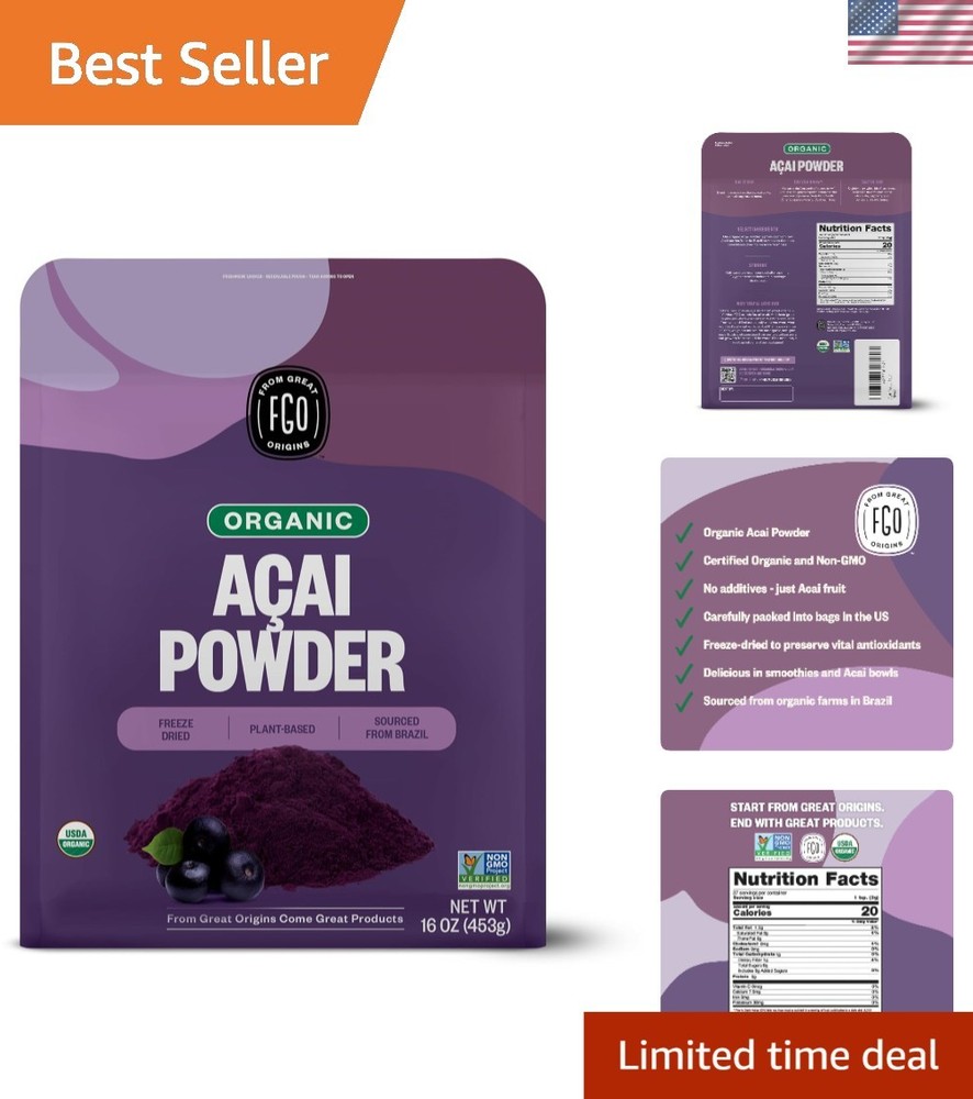 Organic Acai Powder – 16oz Resealable Pouch from Brazil, Perfect for Recipes