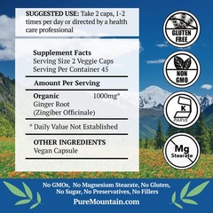 Pure Mountain Botanicals Ginger Capsules – 1000mg Organic Ginger Root – 90 Count