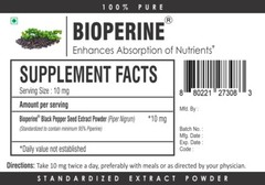 Bioperine 95% Black Pepper Extract Powder Piperine Bioavailability Enhancer 50g