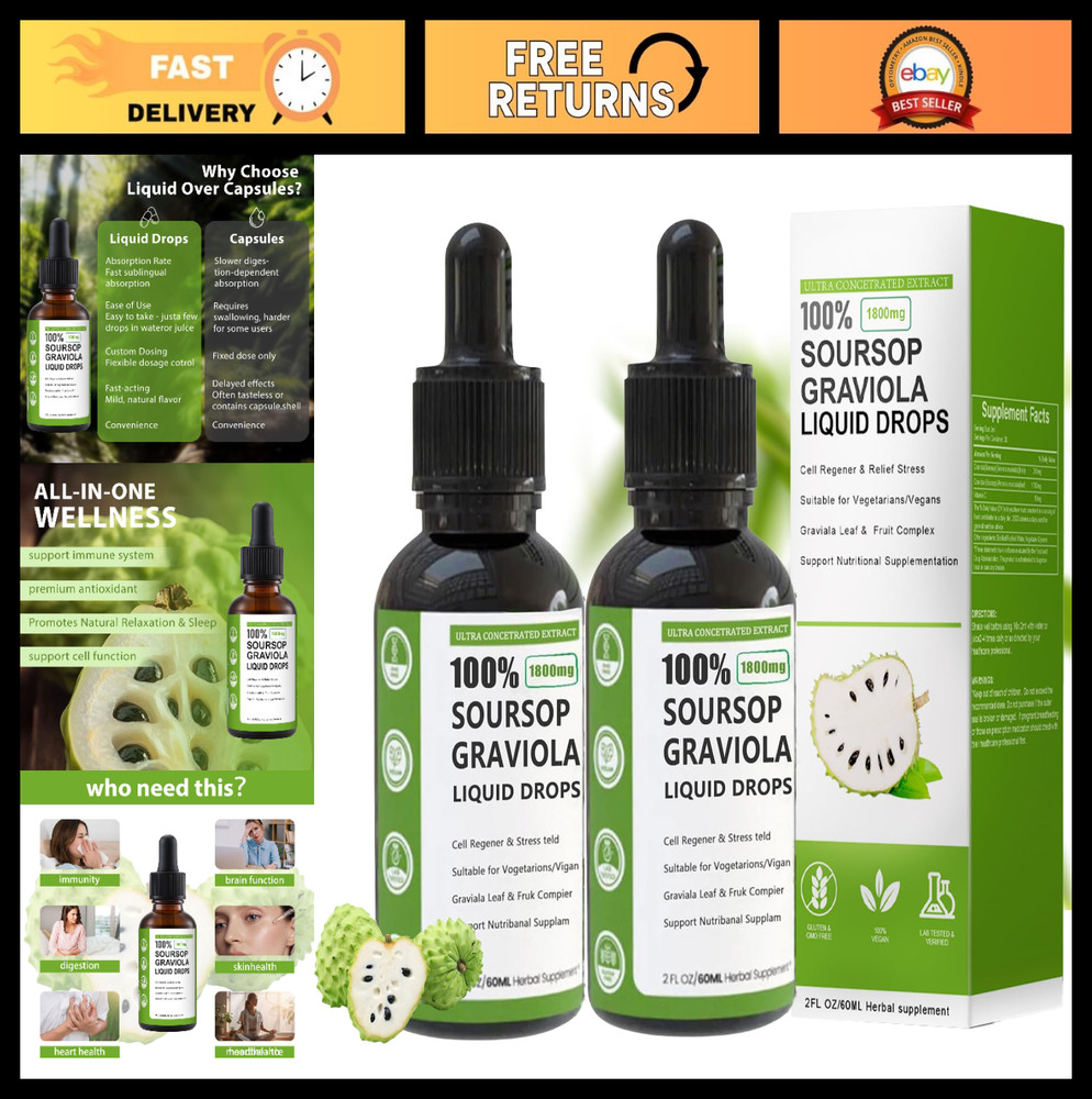 100% Organic Soursop Liquid Drops – Pure Graviola Extract, 1800mg, Sugar/Gluten