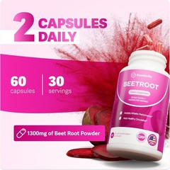60ct Rosabella Organic Beetroot 1300mg Capsules Circulation And Blood Pressure