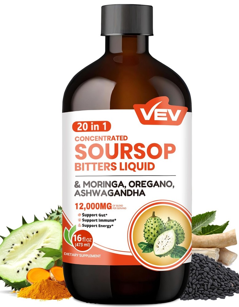VEV Soursop Bitters Liquid, Graviola Extract Sugar-Free 16 Fl Oz (Pack of 1)