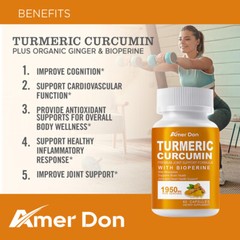 60Pcs Turmeric Curcumin with Ginger&BioPerine 1950mg Triple Strength Capsules