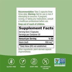 Neem Leaf 950 Mg Traditional Ayurvedic Intestinal Remedy Detox Liver, 100 Caps
