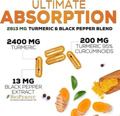 Turmeric Curcumin 2600mg w/ BioPerine Black Pepper Triple Strength Capsules